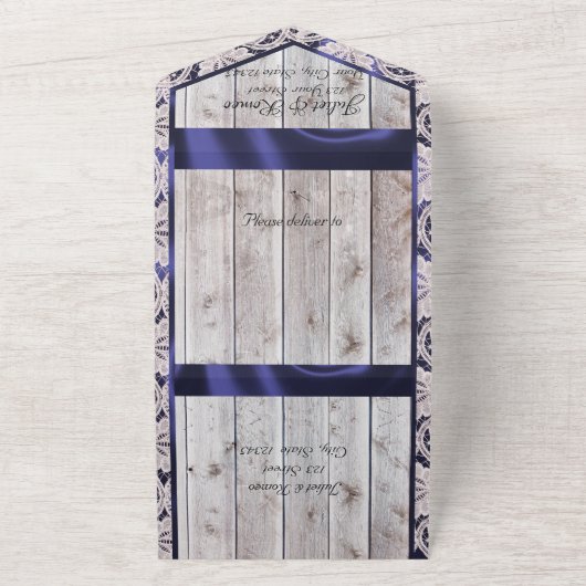 Bloemen, Kant & Hoefijzers, Blauw lint All In One Uitnodiging (Buitenkant)