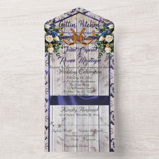 Bloemen, Kant & Hoefijzers, Blauw lint All In One Uitnodiging (Binnen)