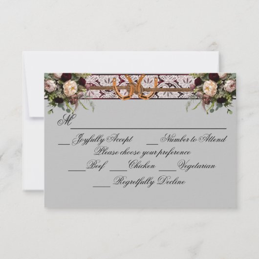 Bloemen, Kant & Hoefijzers, Bourgogne lint RSVP Kaartje (Achterkant)