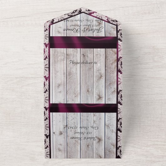 Bloemen, Kant & Hoefijzers, Paarse Lint All In One Uitnodiging (Buitenkant)