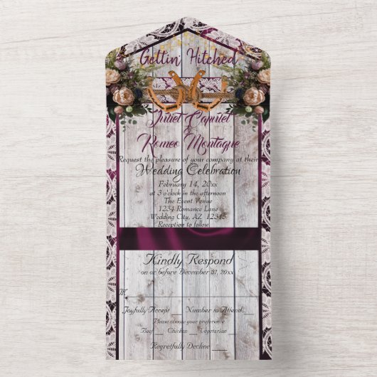 Bloemen, Kant & Hoefijzers, Paarse Lint All In One Uitnodiging (Binnen)