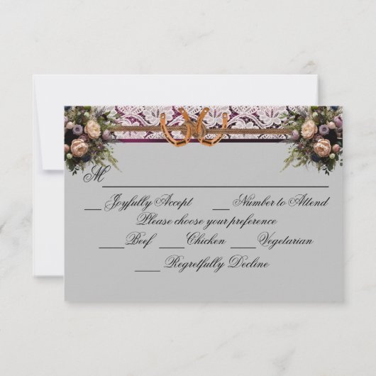 Bloemen, Kant & Hoefijzers, Paarse lint bruiloft RSVP Kaartje (Achterkant)