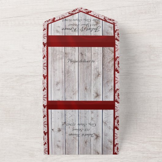 Bloemen, Kant & Hoefijzers, Rood lint All In One Uitnodiging (Buitenkant)