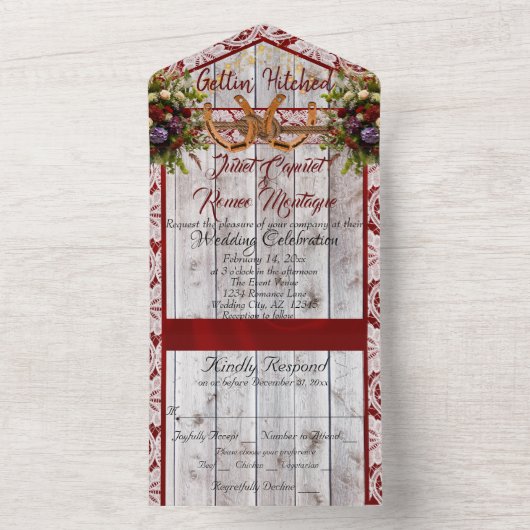 Bloemen, Kant & Hoefijzers, Rood lint All In One Uitnodiging (Binnen)