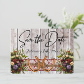 Bloemen, Kant & Hoefijzers Rood Lint Huwelijk Save The Date (Staand voorkant)