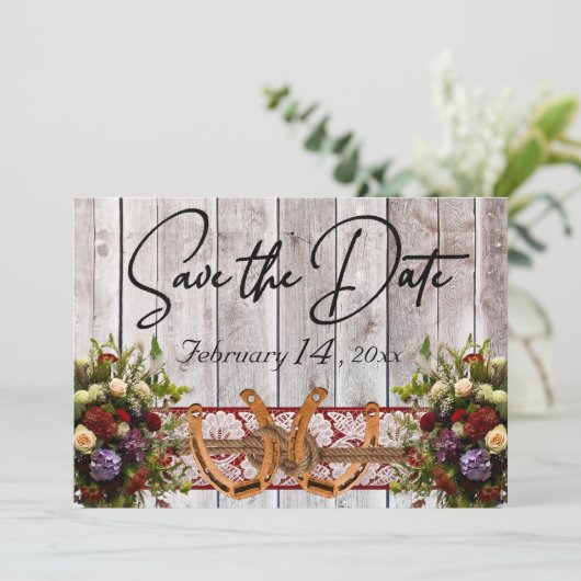 Bloemen, Kant & Hoefijzers Rood Lint Huwelijk Save The Date (Staand voorkant)