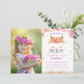 Bloemen Kat Foto Verjaardag Kinder Schattigee Gold Kaart (Staand voorkant)