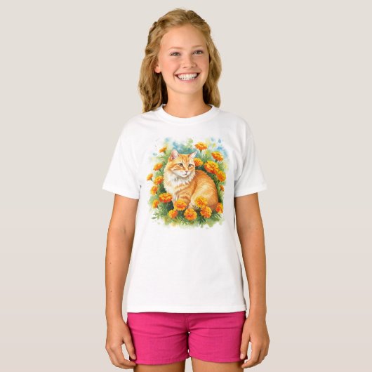Bloemen Kat Happy Marigold Sinaasappel T-shirt (Voorkant volledig)
