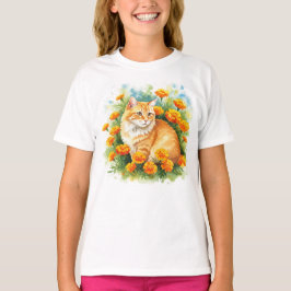 Bloemen Kat Happy Marigold Sinaasappel T-shirt