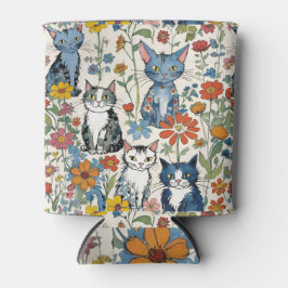 Bloemen Kat Illustratie met Wildbloemen en Katten Blikjeskoeler