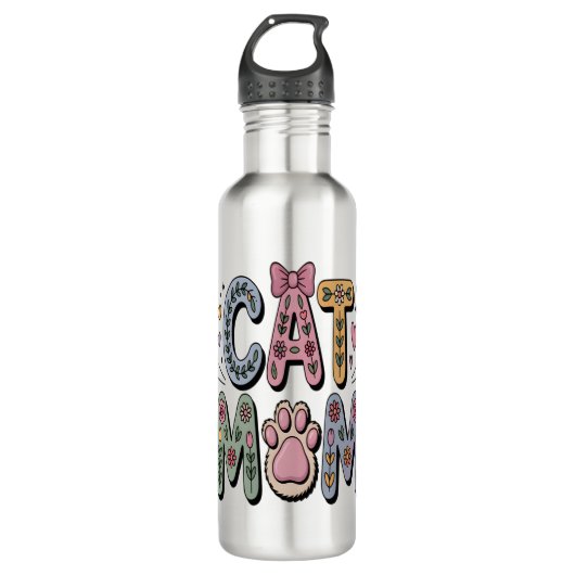 Bloemen Kat Mam met Poot Print Waterfles (Voorkant)