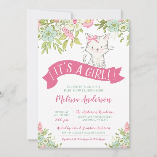 Bloemen Kat Meisje Baby shower Kaart (Voorkant)