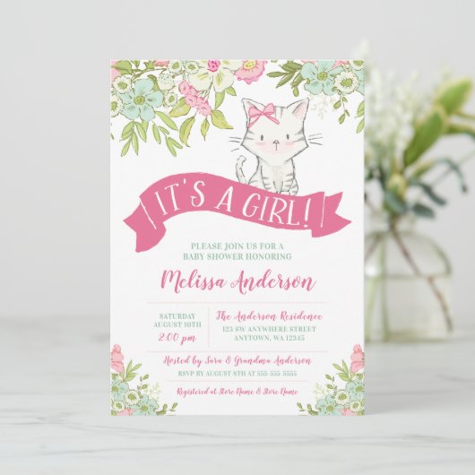 Bloemen Kat Meisje Baby shower Kaart (Staand voorkant)