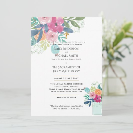  Bloemen Katholieke Nuptial Mass Bruiloft Kaart (Staand voorkant)