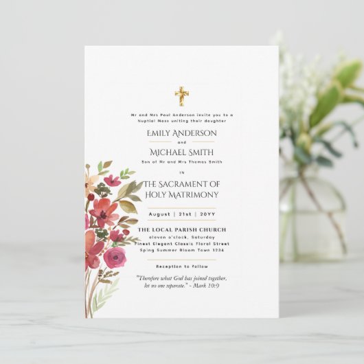  Bloemen Katholieke Nuptial Mass Bruiloft Kaart (Staand voorkant)