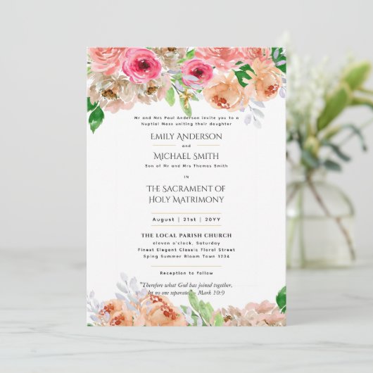  Bloemen Katholieke Nuptial Mass Bruiloft Kaart (Staand voorkant)