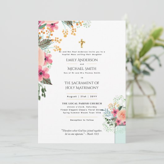  Bloemen Katholieke Nuptial Mass Bruiloft Kaart (Staand voorkant)