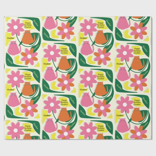 Bloemen Katten Voeg Ontvangers Naam Leuke Verjaard Cadeaupapier (Vlak)