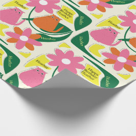 Bloemen Katten Voeg Ontvangers Naam Leuke Verjaard Cadeaupapier