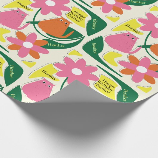 Bloemen Katten Voeg Ontvangers Naam Leuke Verjaard Cadeaupapier (Hoek)