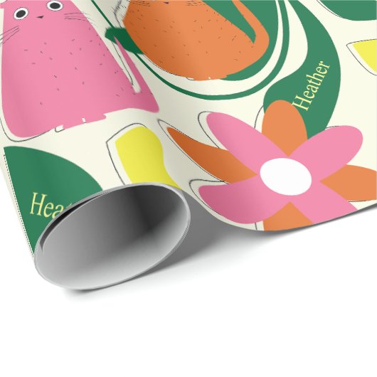 Bloemen Katten Voeg Ontvangers Naam Leuke Verjaard Cadeaupapier (Rol Hoek)