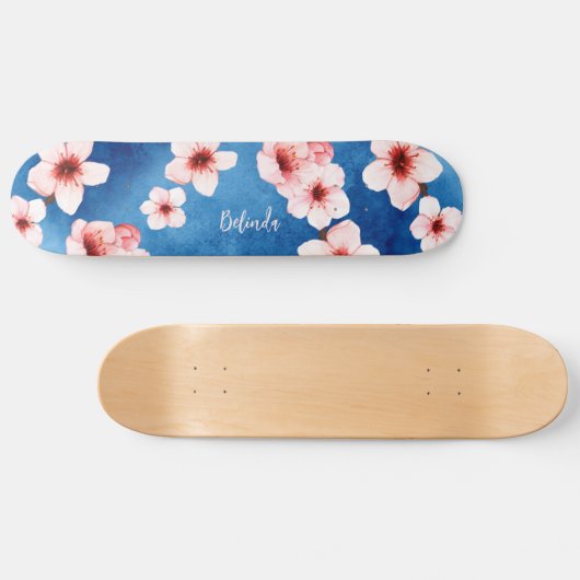 Bloemen Kersenbloesem Monogram Blauw Roze Meisje Persoonlijk Skateboard (Horizontaal)