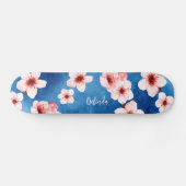 Bloemen Kersenbloesem Monogram Blauw Roze Meisje Persoonlijk Skateboard (Horizontaal)