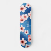 Bloemen Kersenbloesem Monogram Blauw Roze Meisje Persoonlijk Skateboard (Voorkant)
