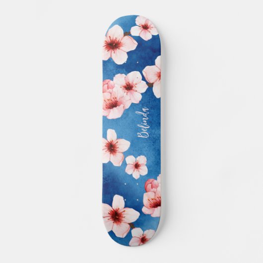 Bloemen Kersenbloesem Monogram Blauw Roze Meisje Persoonlijk Skateboard (Voorkant)