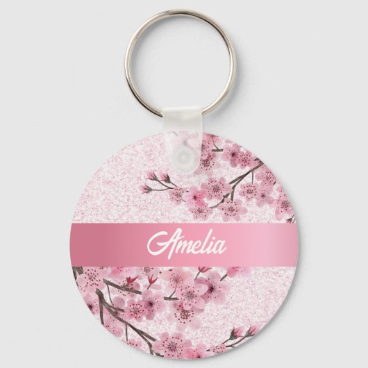 Bloemen Kersenbloesems Faux pastel roze glitter Sleutelhanger (Voorkant)