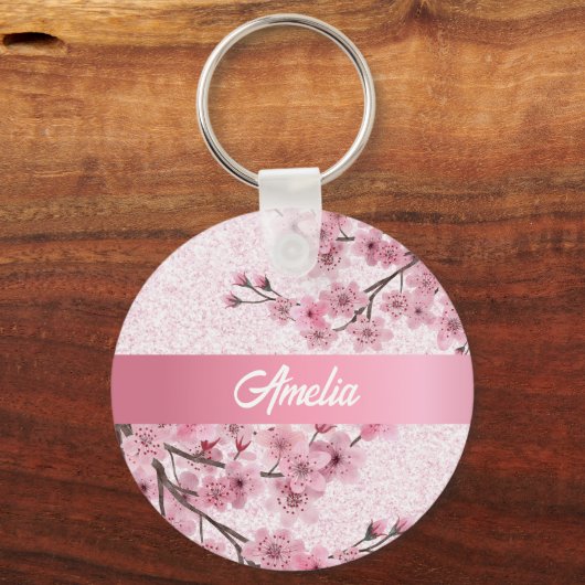 Bloemen Kersenbloesems Faux pastel roze glitter Sleutelhanger (Achterkant)
