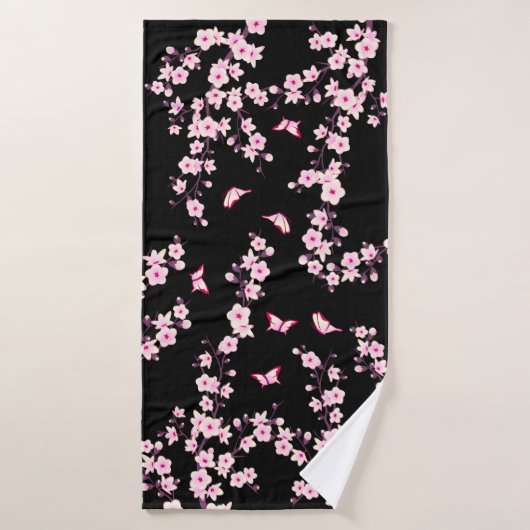 Bloemen Kersenbloesems ROZE zwart Badhanddoek (Badhanddoek)