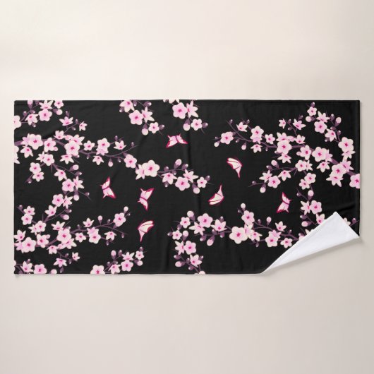 Bloemen Kersenbloesems ROZE zwart Badhanddoek (Badhanddoek)
