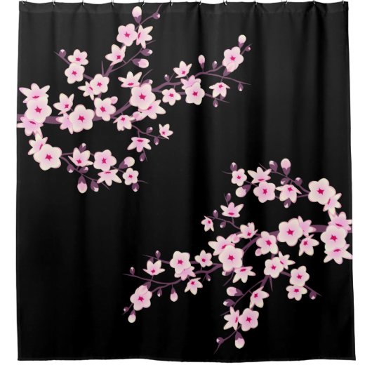 Bloemen Kersenbloesems ROZE Zwart Douchegordijn (Voorkant)