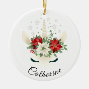 Bloemen Kerst Eenhoorn   Gepersonaliseerde Feestda Keramisch Ornament