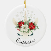 Bloemen Kerst Eenhoorn | Gepersonaliseerde Feestda Keramisch Ornament (Achterkant)