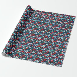 Bloemen Kerst Harten in Rood Blauw en Groen Cadeaupapier