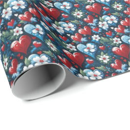 Bloemen Kerst Harten in Rood Blauw en Groen Cadeaupapier