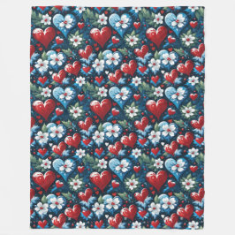 Bloemen Kerst Harten in Rood Blauw en Groen Fleece Deken