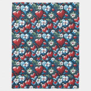 Bloemen Kerst Harten in Rood Blauw en Groen Fleece Deken