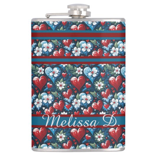 Bloemen Kerst Harten in Rood Blauw en Groen Heupfles (Voorkant)