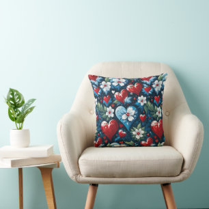 Bloemen Kerst Harten in Rood Blauw en Groen Kussen