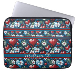 Bloemen Kerst Harten in Rood Blauw en Groen Laptop Sleeve