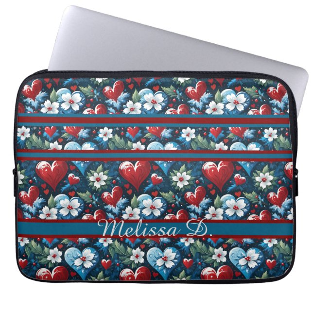 Bloemen Kerst Harten in Rood Blauw en Groen Laptop Sleeve (Voorkant)