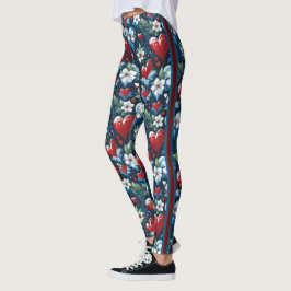 Bloemen Kerst Harten in Rood Blauw en Groen Leggings