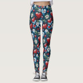 Bloemen Kerst Harten in Rood Blauw en Groen Leggings (Voorkant)