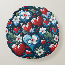 Bloemen Kerst Harten in Rood Blauw en Groen Rond Kussen