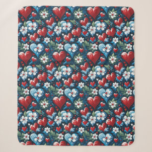 Bloemen Kerst Harten in Rood Blauw en Groen Sherpa Deken