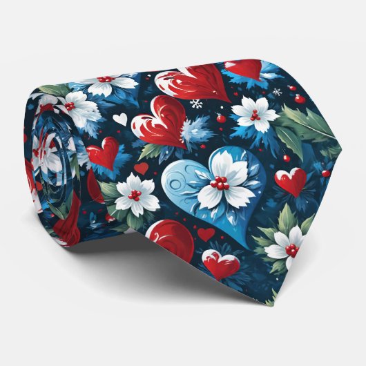 Bloemen Kerst Harten in Rood Blauw en Groen Stropdas (Opgerold)