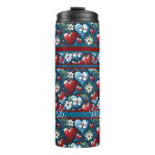 Bloemen Kerst Harten in Rood Blauw en Groen Thermosbeker (Voorkant)